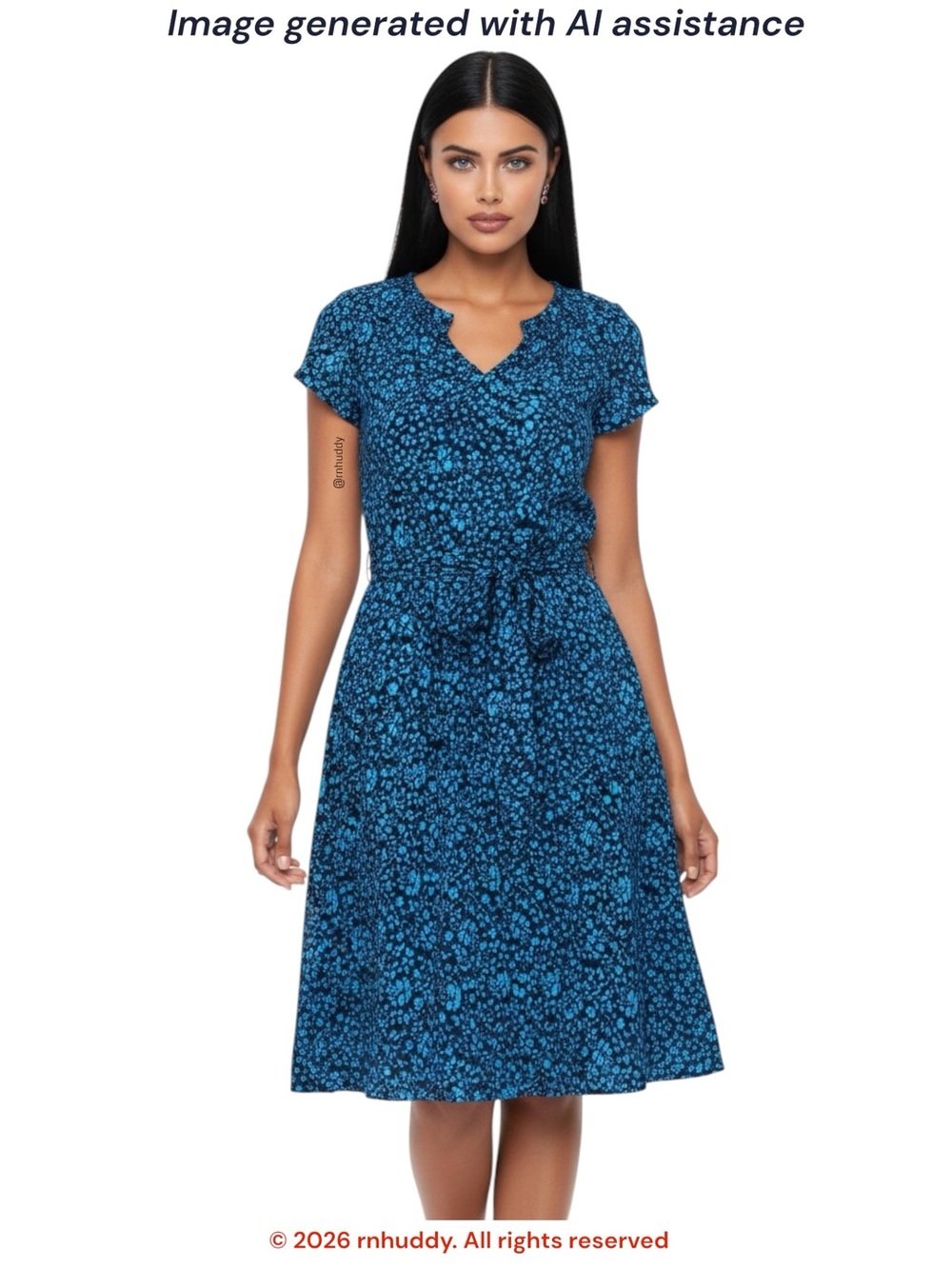 Talbots M blue floral smocked belted dress